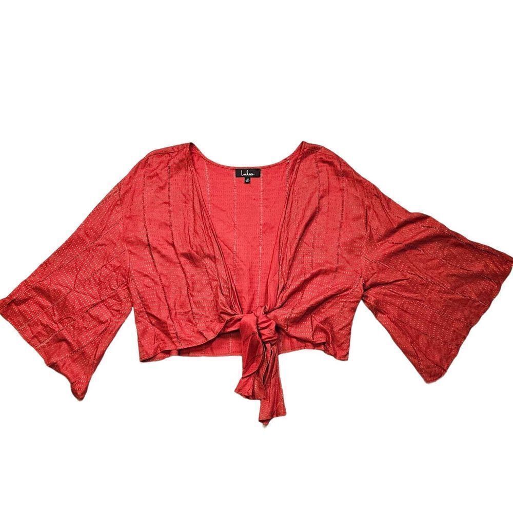 Lulus Tie-Front Bell Sleeves Cropped Top Hippie Fairy Cottagecore Boho Red M‎
